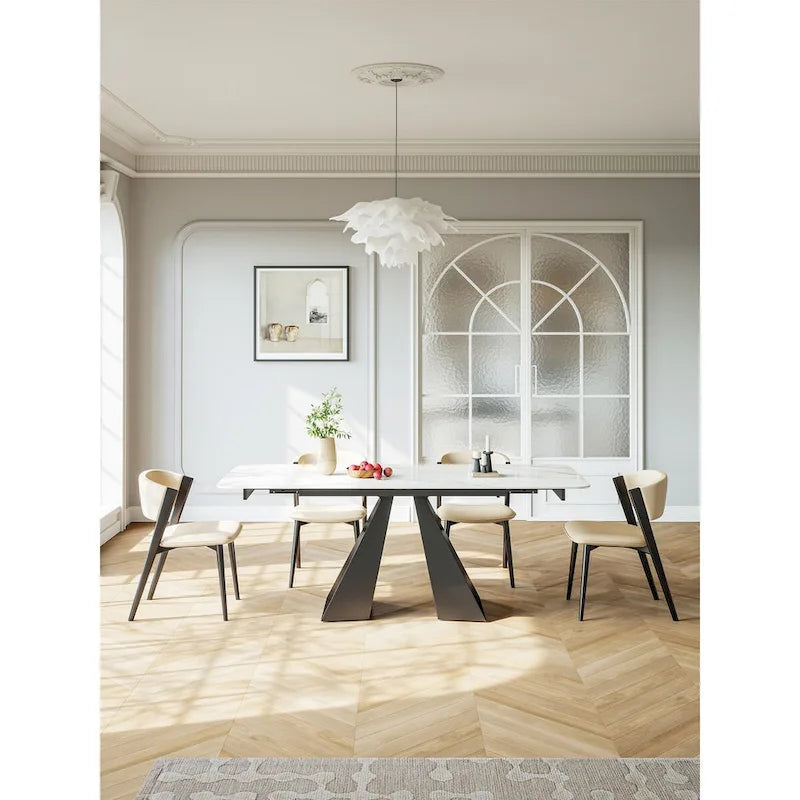Extendable Rectangular Dining Table with Stone Top and Black Steel Base