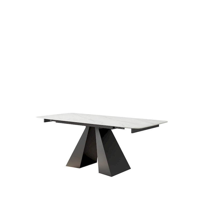 Extendable Rectangular Dining Table with Stone Top and Black Steel Base