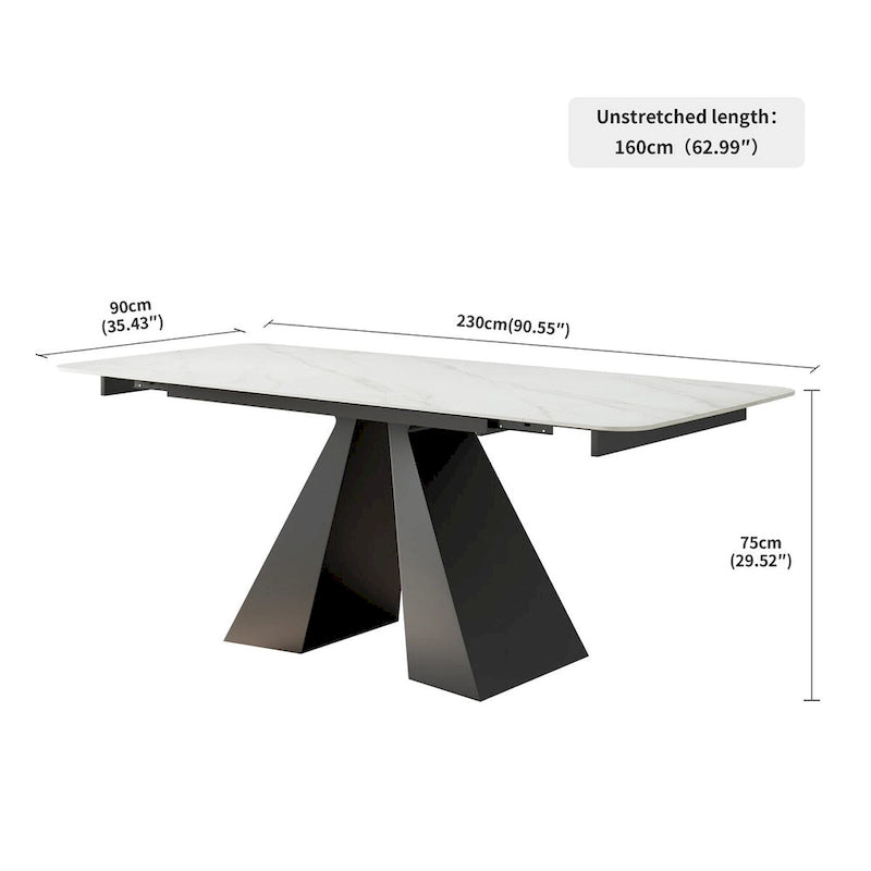 Extendable Rectangular Dining Table with Stone Top and Black Steel Base