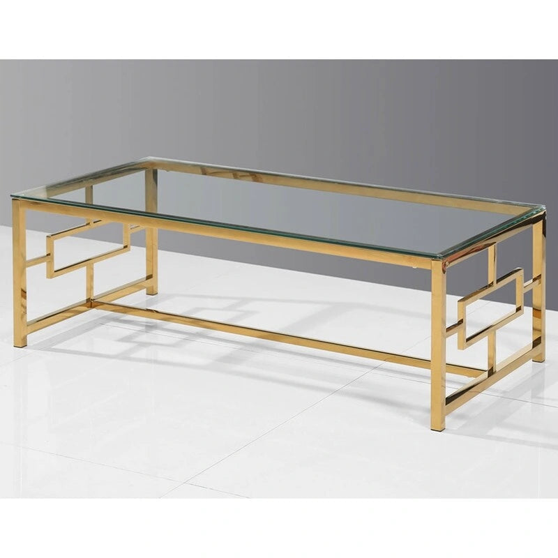 47" rechteckiger Couchtisch mit Glasplatte und geometrischem Goldgestell