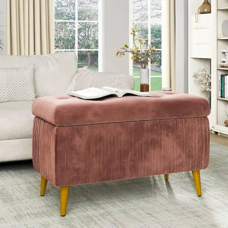 Velvet Tufted Storage Ottoman Bench with Gold Metal Legs