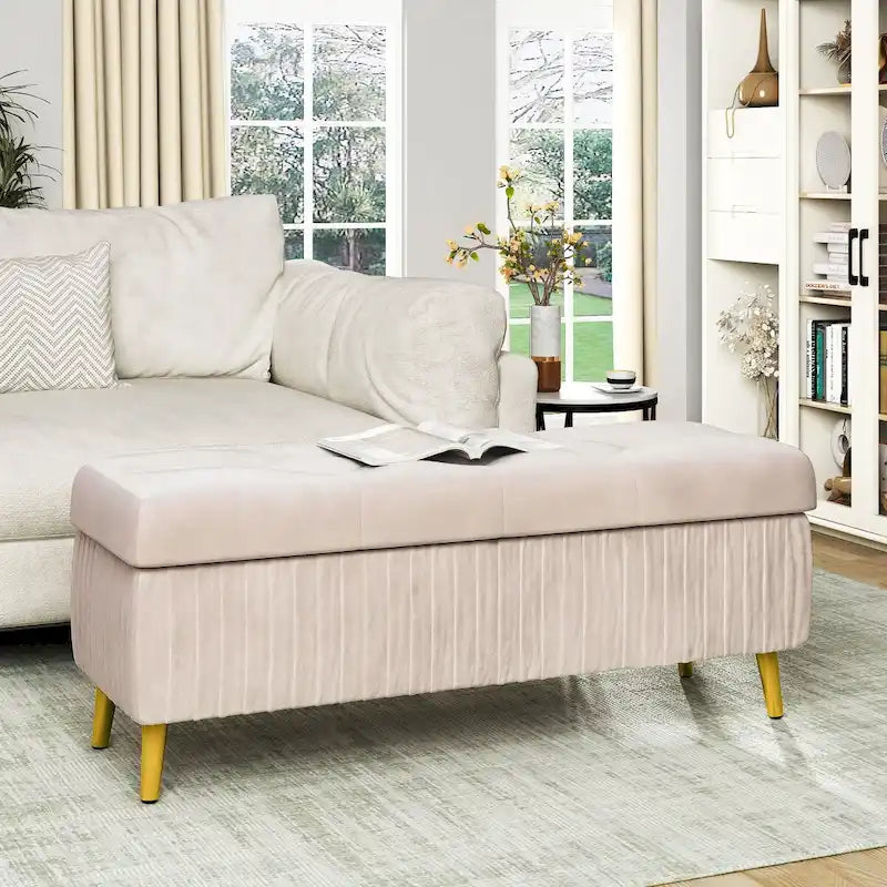Velvet Tufted Storage Ottoman Bench with Gold Metal Legs