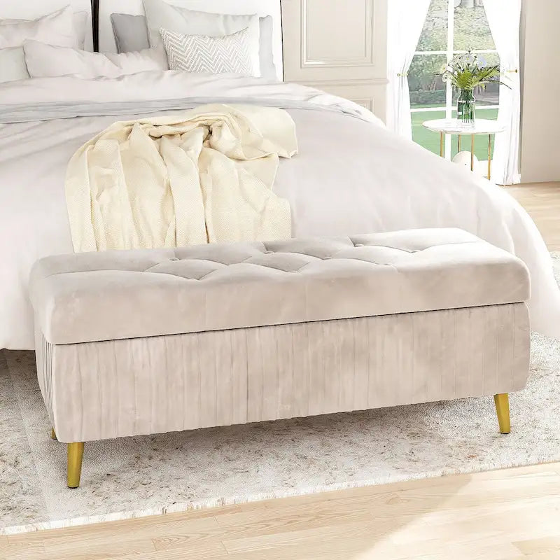 Velvet Tufted Storage Ottoman Bench with Gold Metal Legs