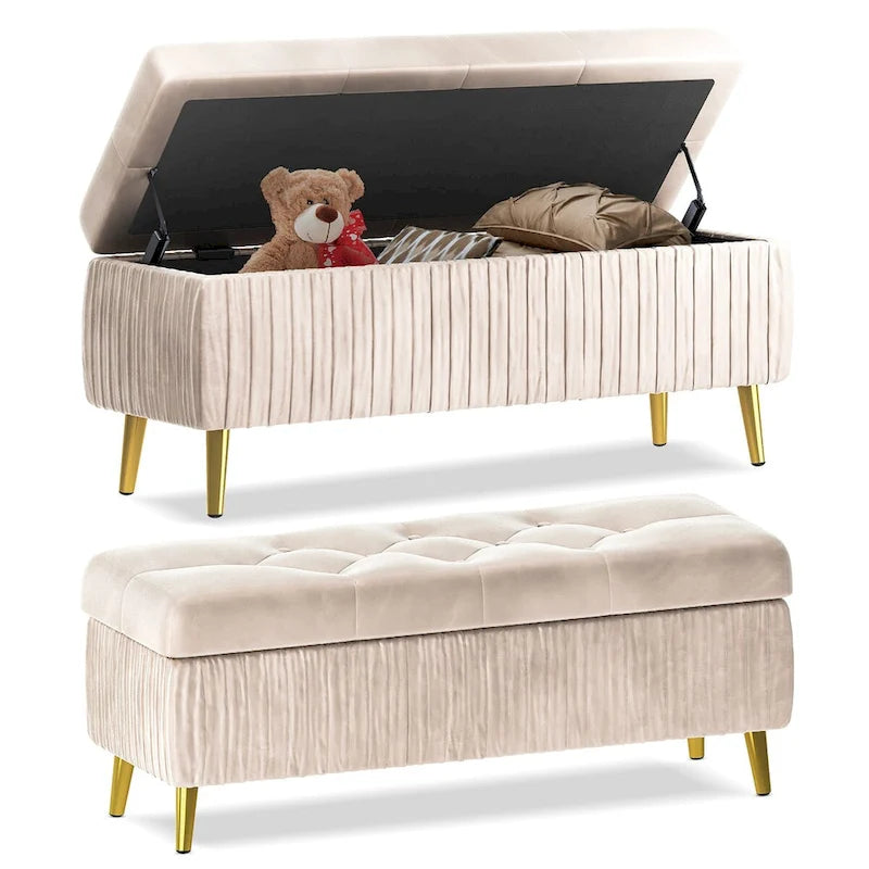 Velvet Tufted Storage Ottoman Bench with Gold Metal Legs