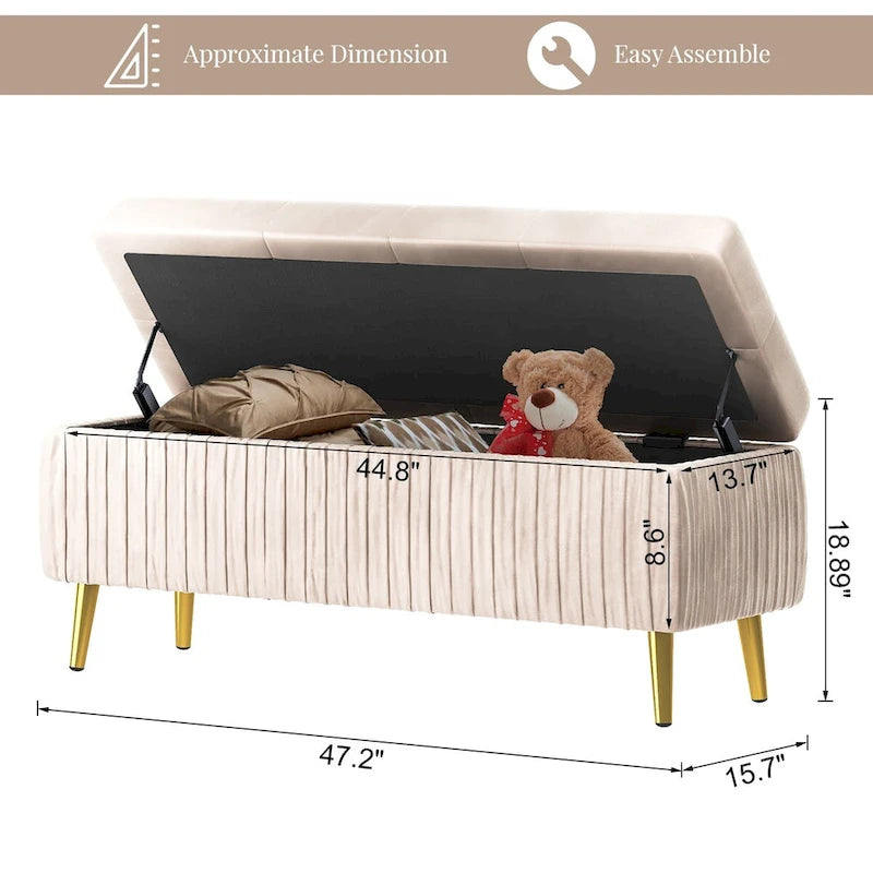 Velvet Tufted Storage Ottoman Bench with Gold Metal Legs