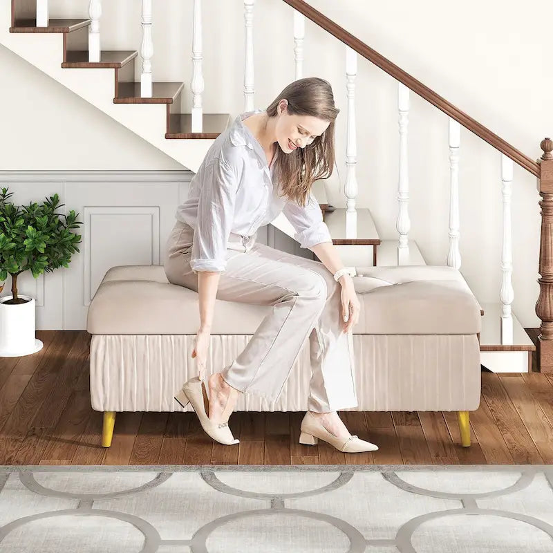 Velvet Tufted Storage Ottoman Bench with Gold Metal Legs