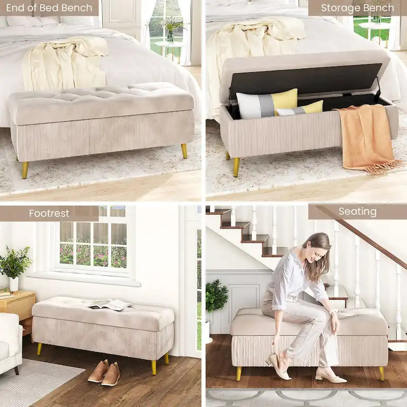 Velvet Tufted Storage Ottoman Bench with Gold Metal Legs