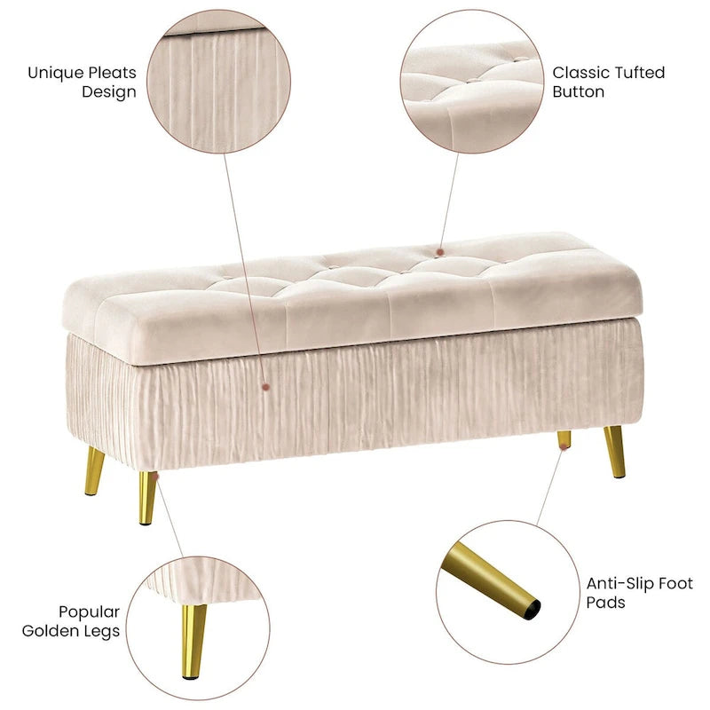 Velvet Tufted Storage Ottoman Bench with Gold Metal Legs