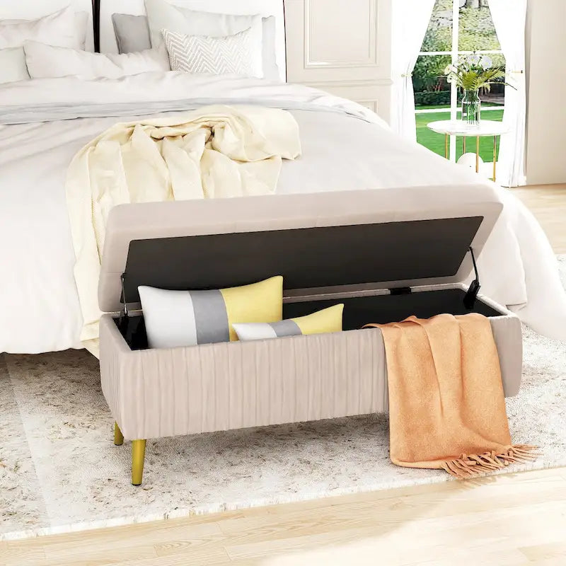 Velvet Tufted Storage Ottoman Bench with Gold Metal Legs
