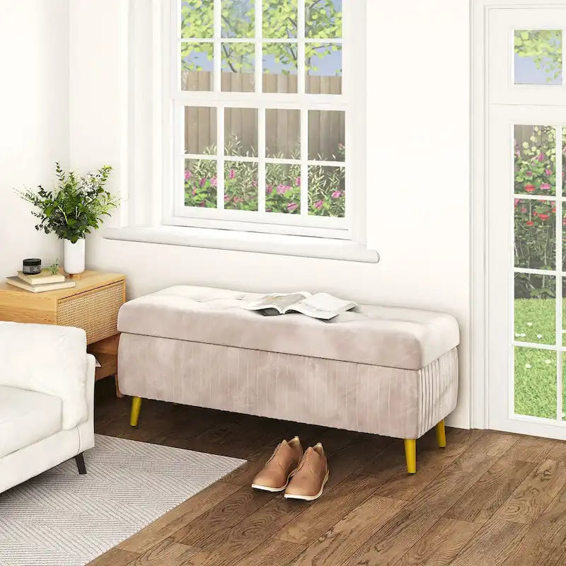 Velvet Tufted Storage Ottoman Bench with Gold Metal Legs