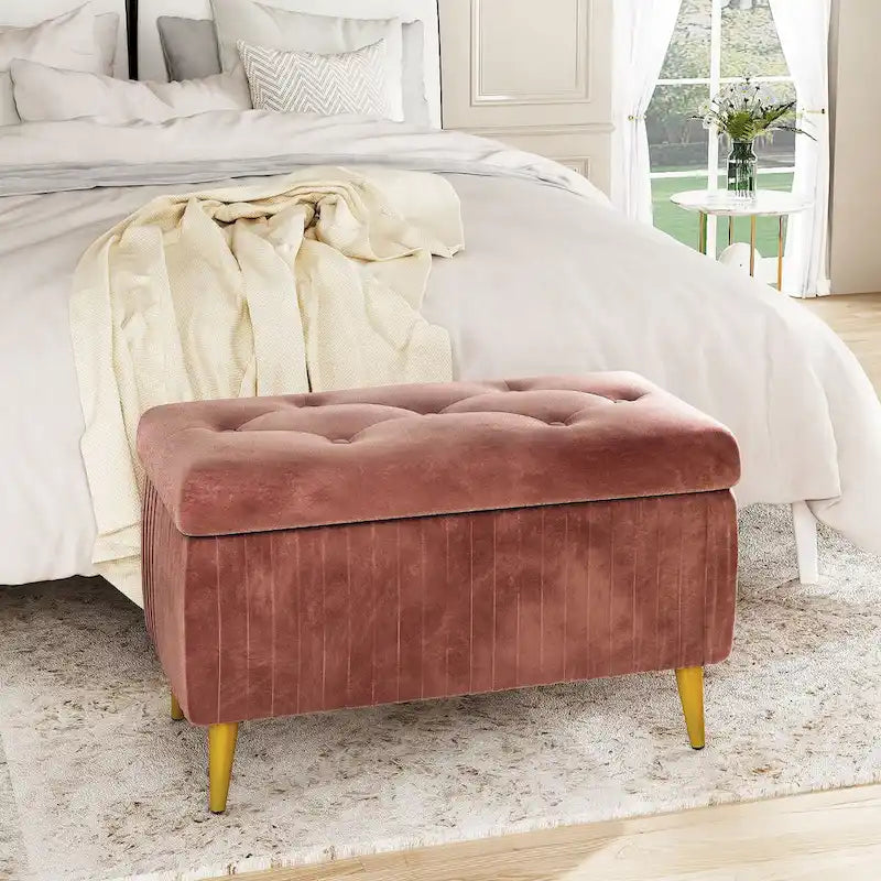 Velvet Tufted Storage Ottoman Bench with Gold Metal Legs