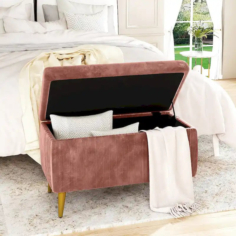 Velvet Tufted Storage Ottoman Bench with Gold Metal Legs