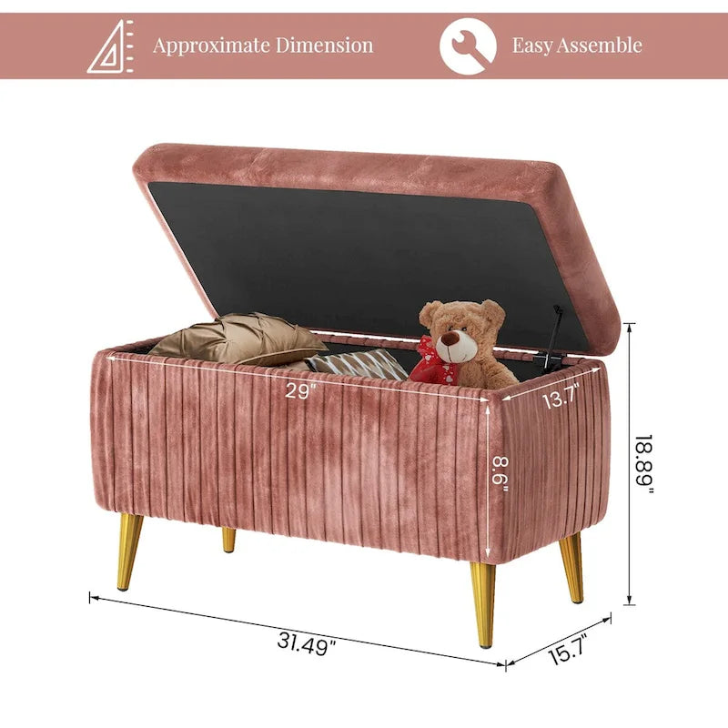 Velvet Tufted Storage Ottoman Bench with Gold Metal Legs