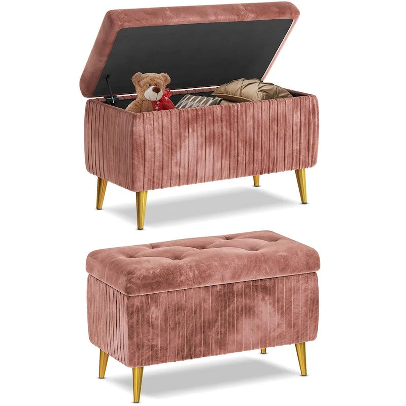 Velvet Tufted Storage Ottoman Bench with Gold Metal Legs