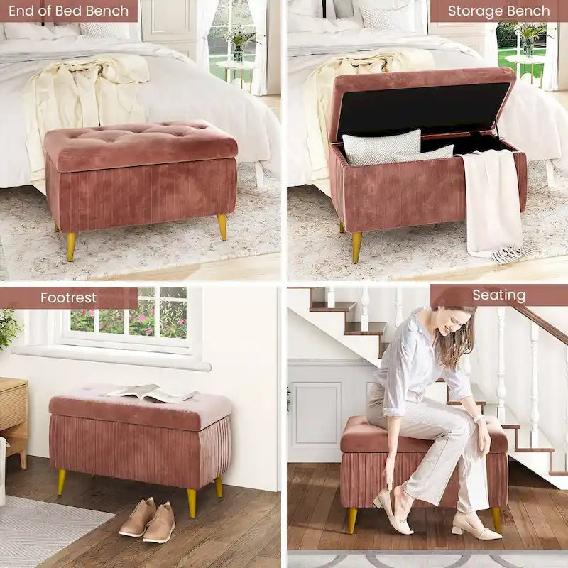 Velvet Tufted Storage Ottoman Bench with Gold Metal Legs