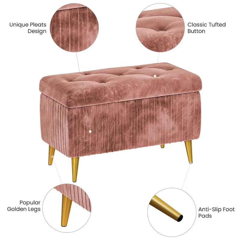 Velvet Tufted Storage Ottoman Bench with Gold Metal Legs