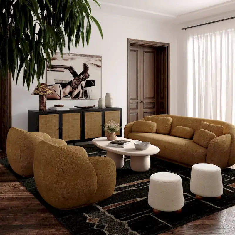 Upholstered Stool with Conical Shape and Spherical Solid Wood Legs
