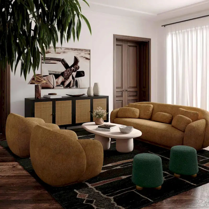 Upholstered Stool with Conical Shape and Spherical Solid Wood Legs