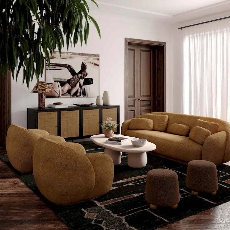 Upholstered Stool with Conical Shape and Spherical Solid Wood Legs