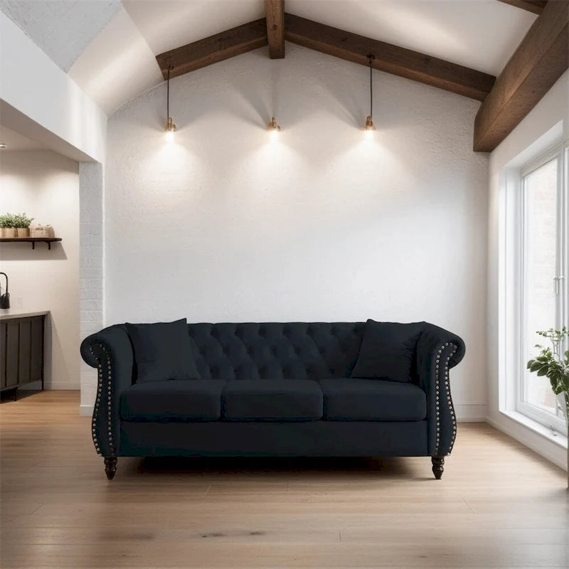 3-Seater Velvet Sofa with Rolled Arms and Nailhead Trim