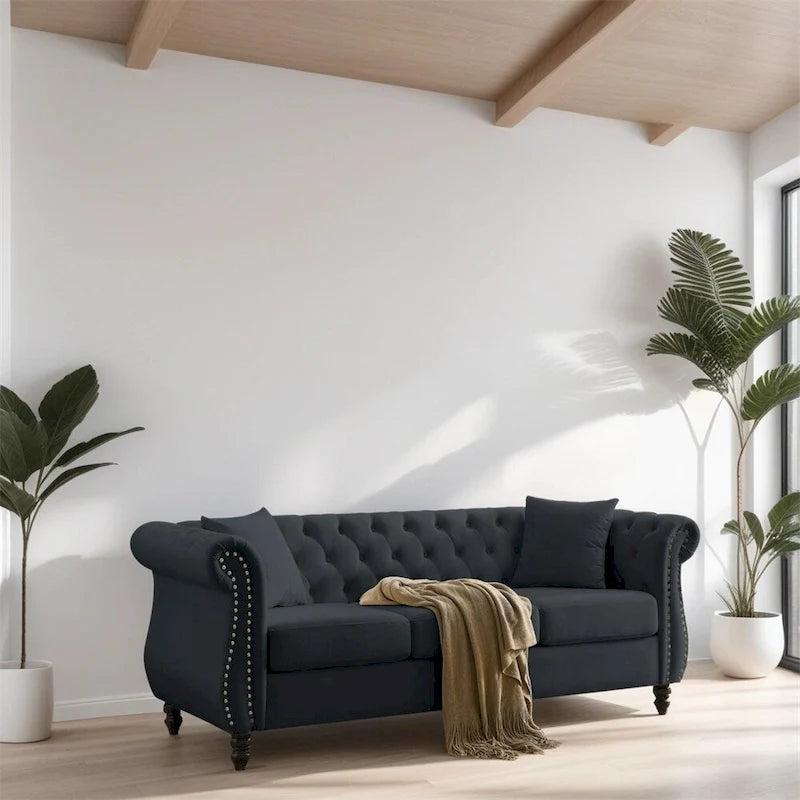 3-Seater Velvet Sofa with Rolled Arms and Nailhead Trim