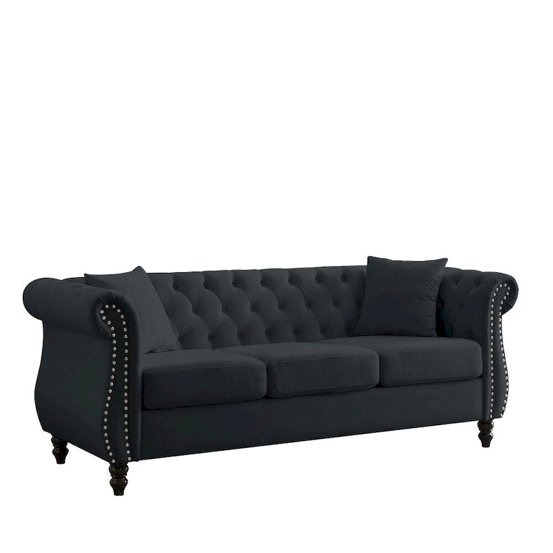 3-Seater Velvet Sofa with Rolled Arms and Nailhead Trim