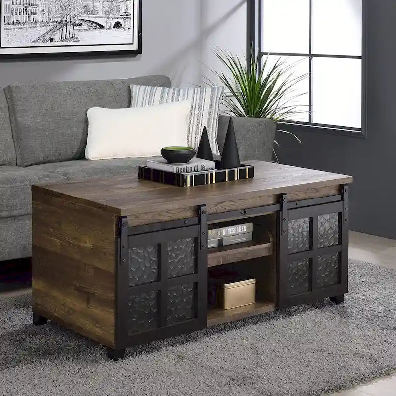 Industrial Coffee Table with Sliding Glass Barn Doors and Pull-Out Tray