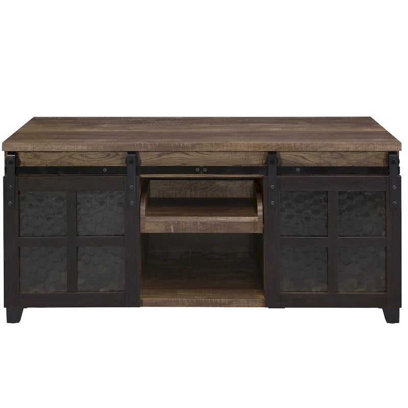 Industrial Coffee Table with Sliding Glass Barn Doors and Pull-Out Tray