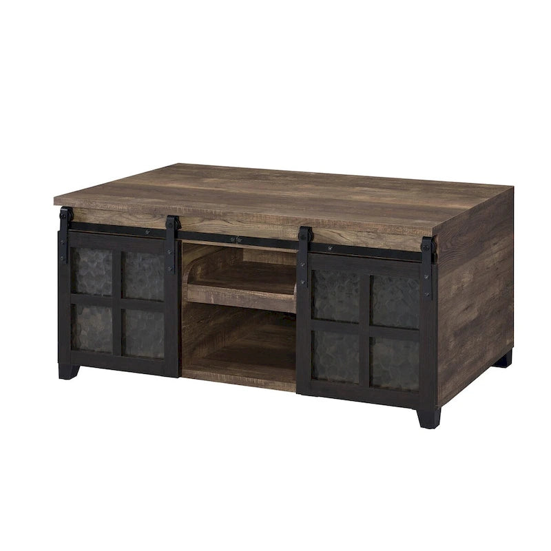 Industrial Coffee Table with Sliding Glass Barn Doors and Pull-Out Tray