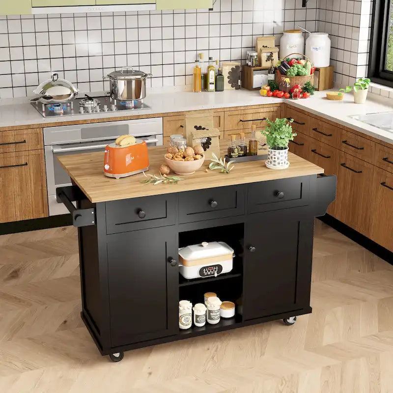 Rolling Kitchen Island Cart with Drop Leaf, Storage Cabinet and 3 Drawers