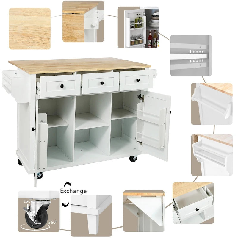 Rolling Kitchen Island Cart with Drop Leaf, Storage Cabinet and 3 Drawers