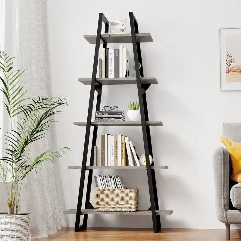 5-Tier Industrial Open Bookshelf with X-Frame Metal Base