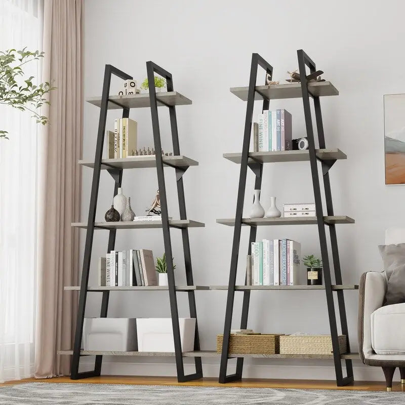 Industrielles offenes Bücherregal mit 5 Ebenen und Metallgestell in X-Form