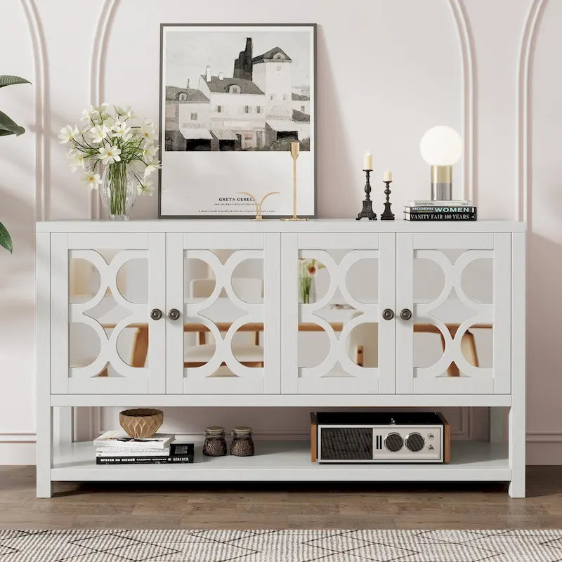 Retro Sideboard Console Cabinet with Mirrored Doors & Open Shelf