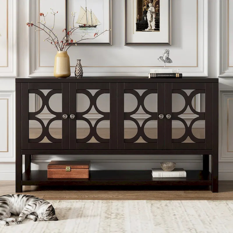 Retro Sideboard Console Cabinet with Mirrored Doors & Open Shelf