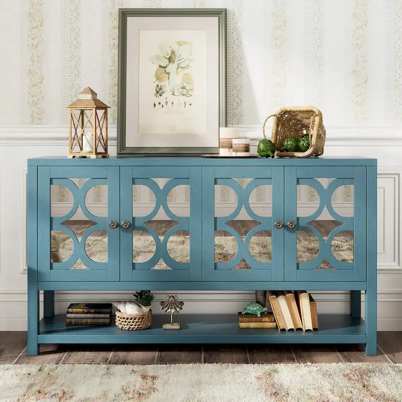 Retro Sideboard Console Cabinet with Mirrored Doors & Open Shelf