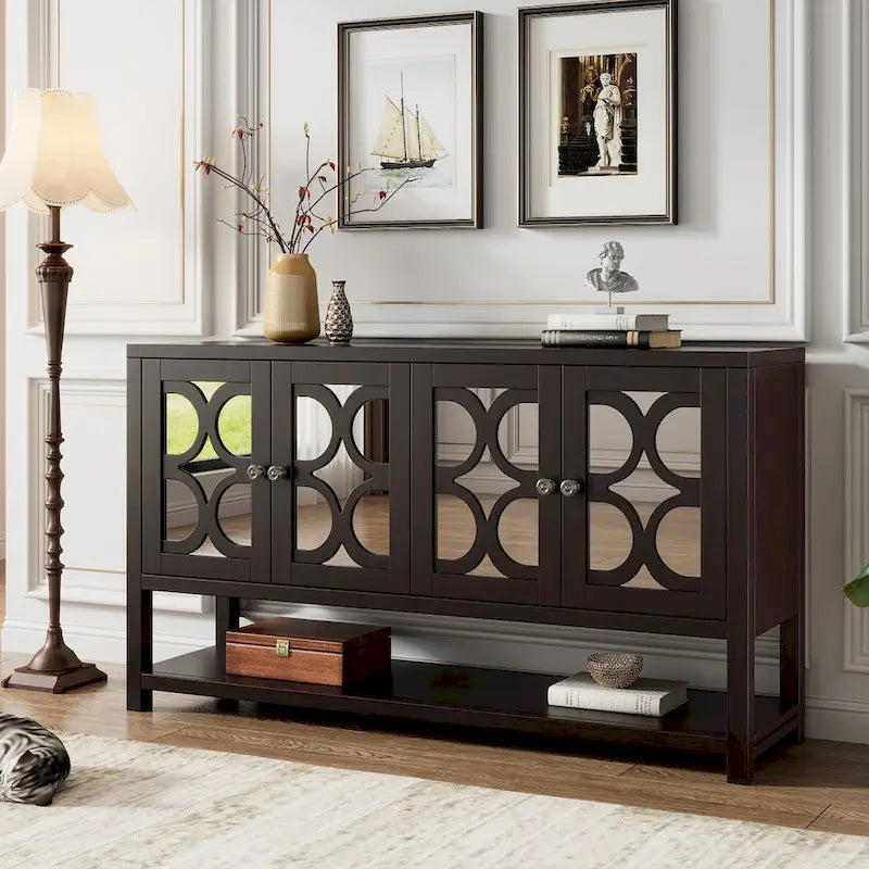 Retro Sideboard Console Cabinet with Mirrored Doors & Open Shelf