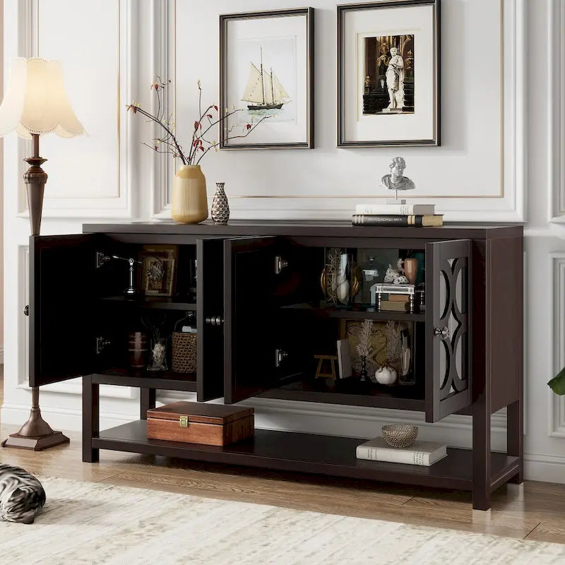 Retro Sideboard Console Cabinet with Mirrored Doors & Open Shelf