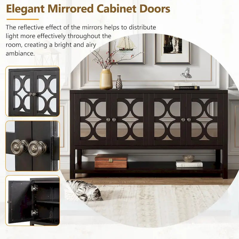 Retro Sideboard Console Cabinet with Mirrored Doors & Open Shelf