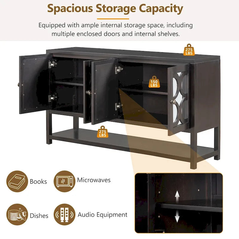 Retro Sideboard Console Cabinet with Mirrored Doors & Open Shelf