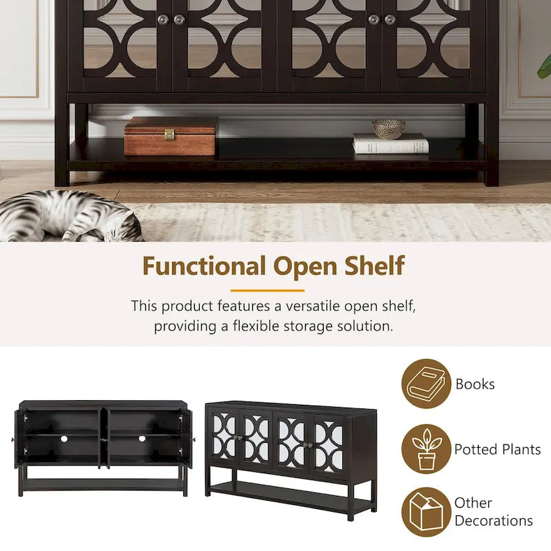 Retro Sideboard Console Cabinet with Mirrored Doors & Open Shelf