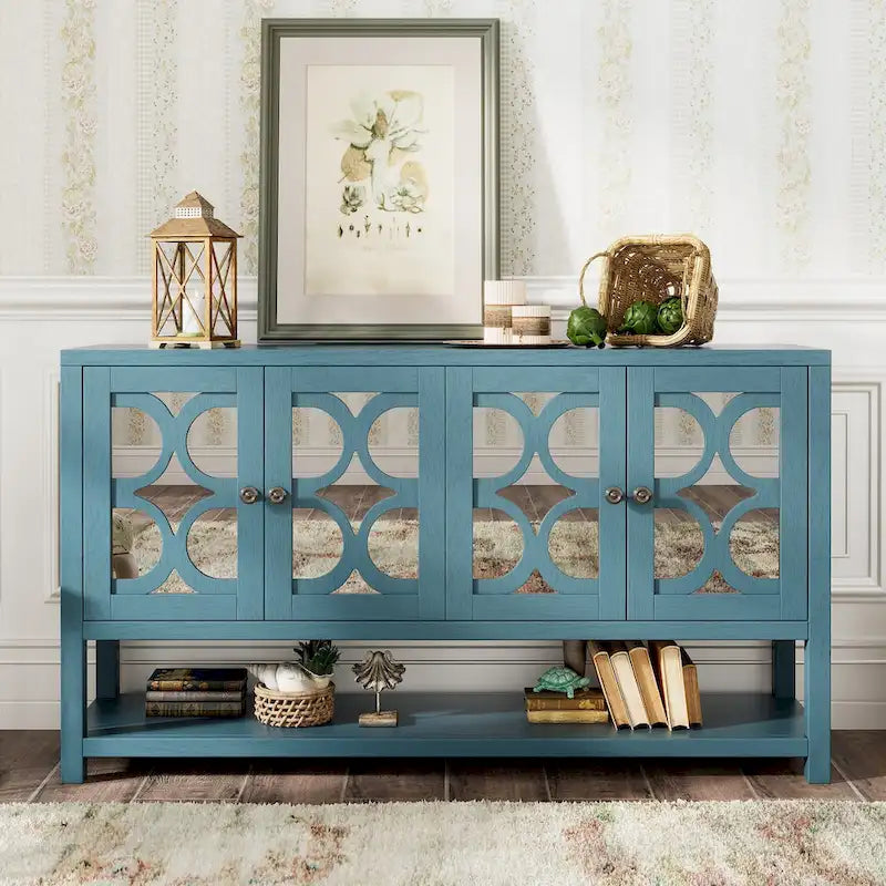Retro Sideboard Console Cabinet with Mirrored Doors & Open Shelf