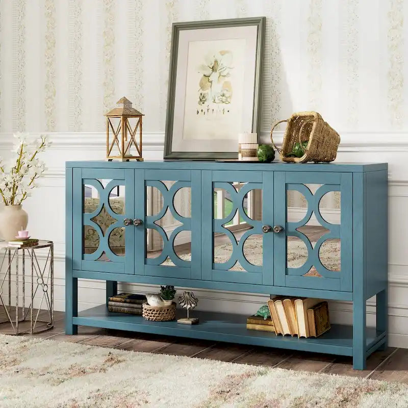 Retro Sideboard Console Cabinet with Mirrored Doors & Open Shelf