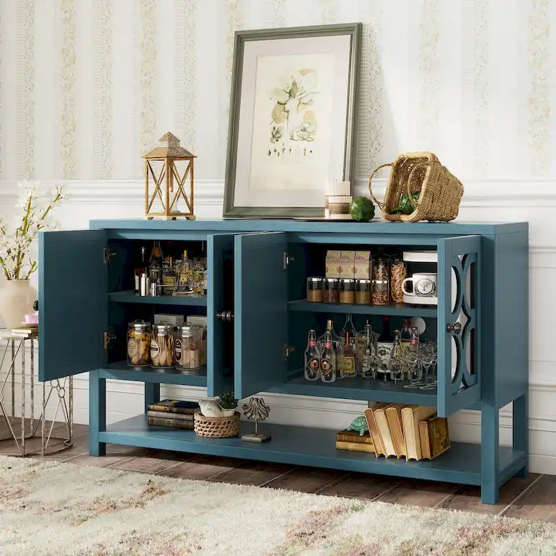 Retro Sideboard Console Cabinet with Mirrored Doors & Open Shelf