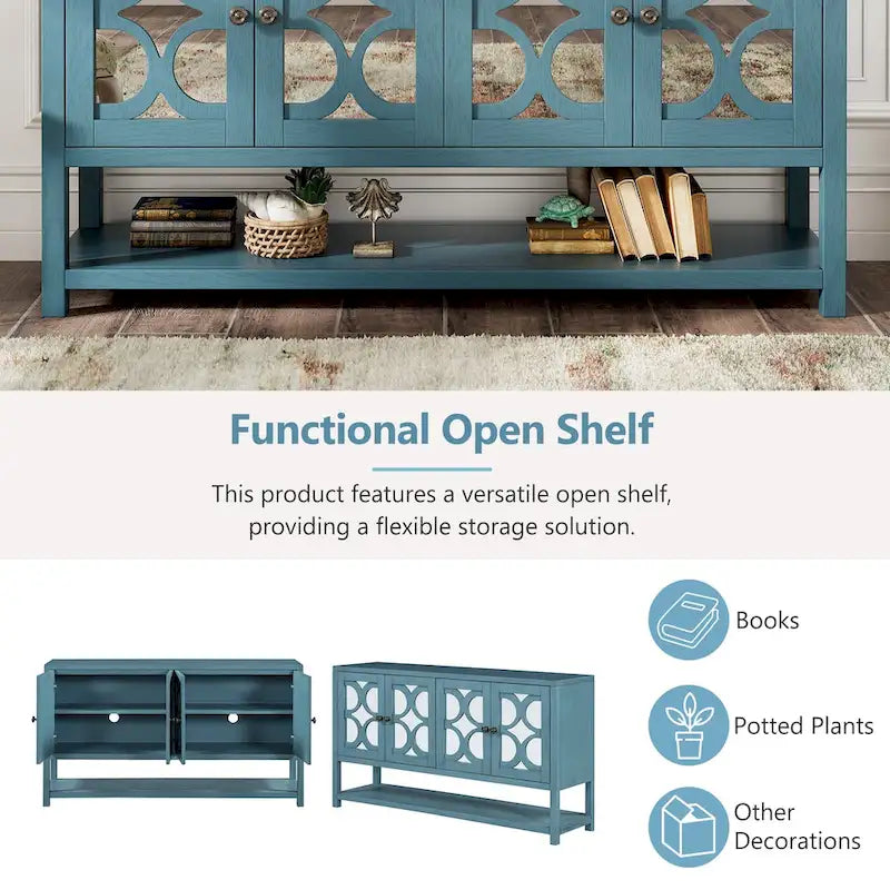 Retro Sideboard Console Cabinet with Mirrored Doors & Open Shelf