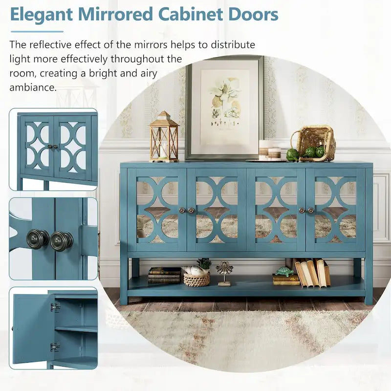 Retro Sideboard Console Cabinet with Mirrored Doors & Open Shelf