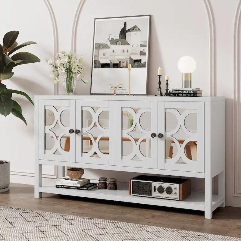 Retro Sideboard Console Cabinet with Mirrored Doors & Open Shelf