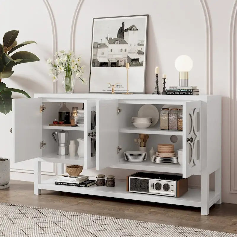 Retro Sideboard Console Cabinet with Mirrored Doors & Open Shelf