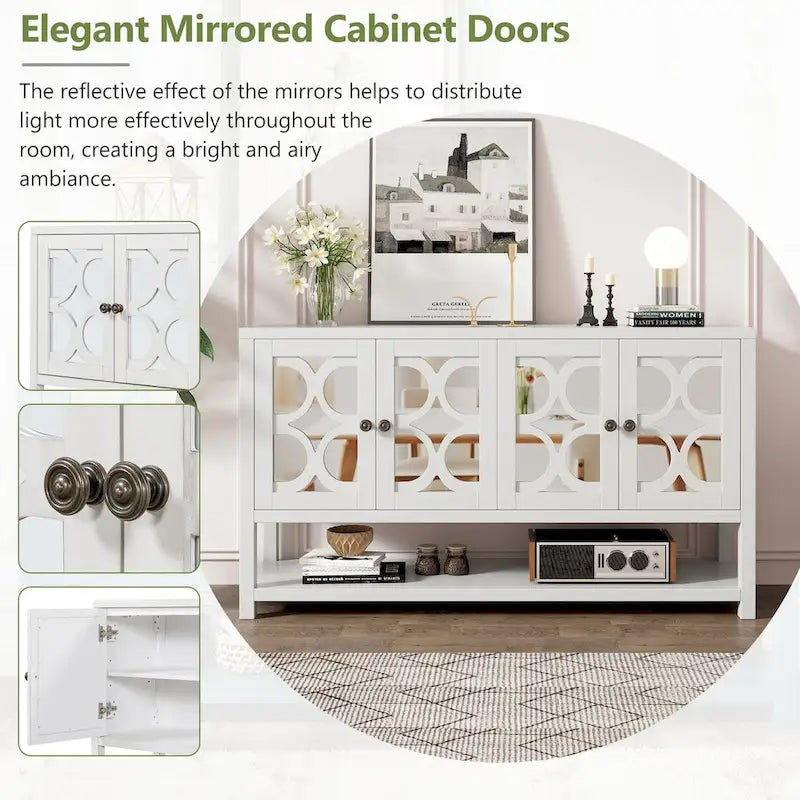 Retro Sideboard Console Cabinet with Mirrored Doors & Open Shelf