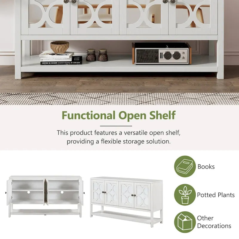 Retro Sideboard Console Cabinet with Mirrored Doors & Open Shelf